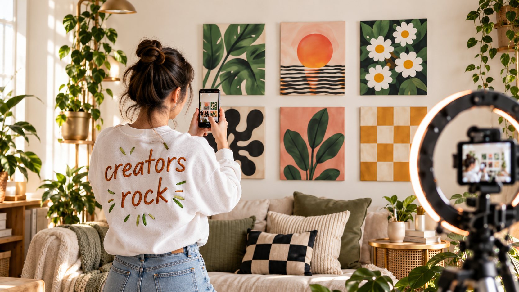 A creator filming an OnOff Tiles wall with her phone