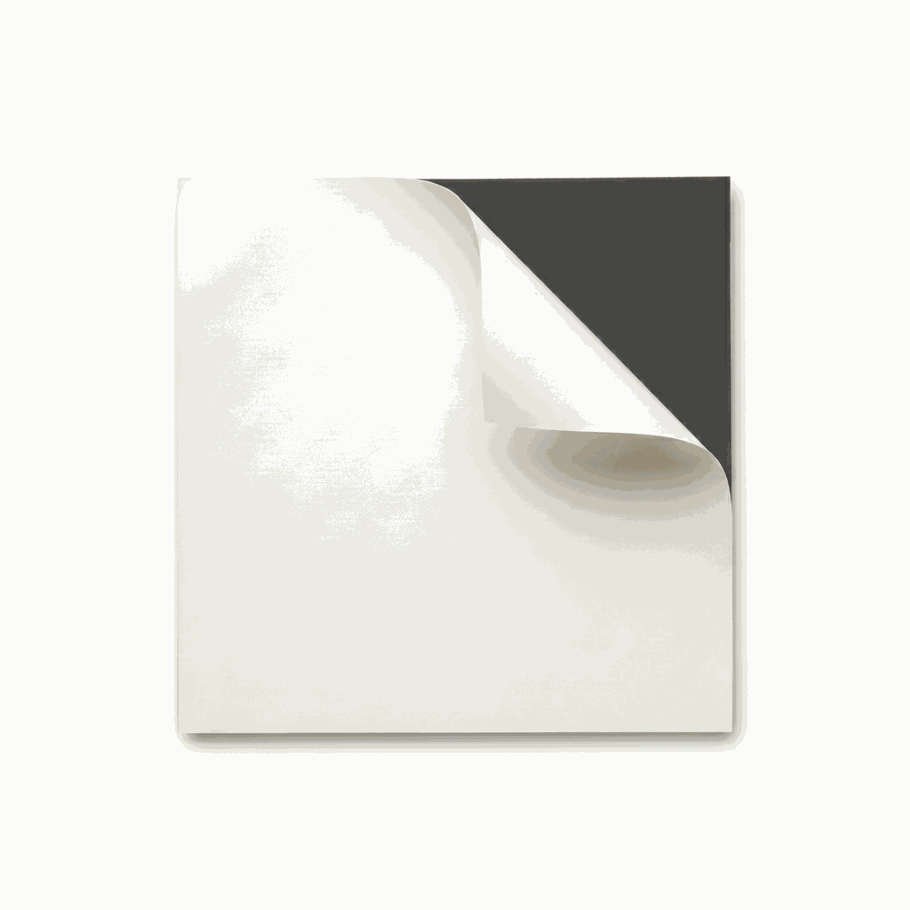 A peel-and-stick BaseTile with its release paper lifting at one corner