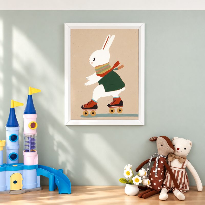 A roller-skating bunny print in a white frame on a nursery wall