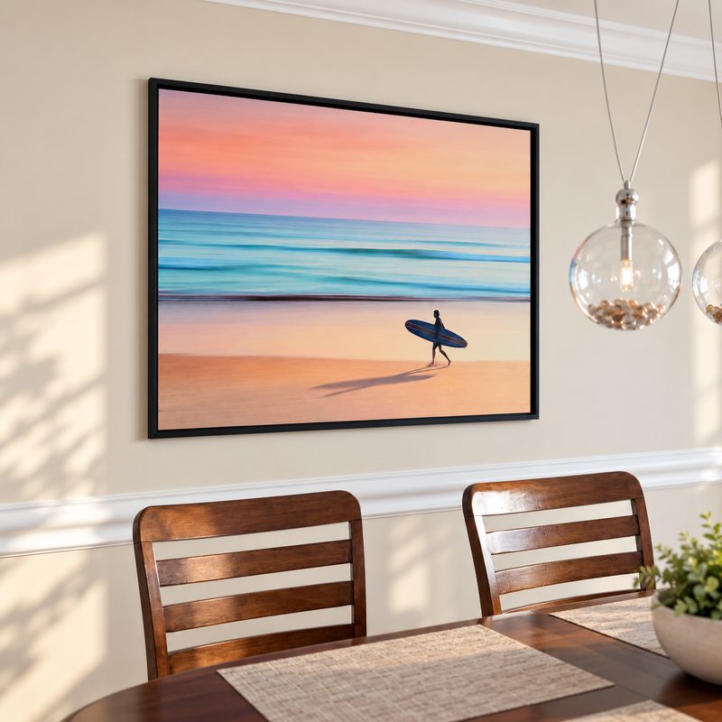 A large sunset surfer print on a dining room wall