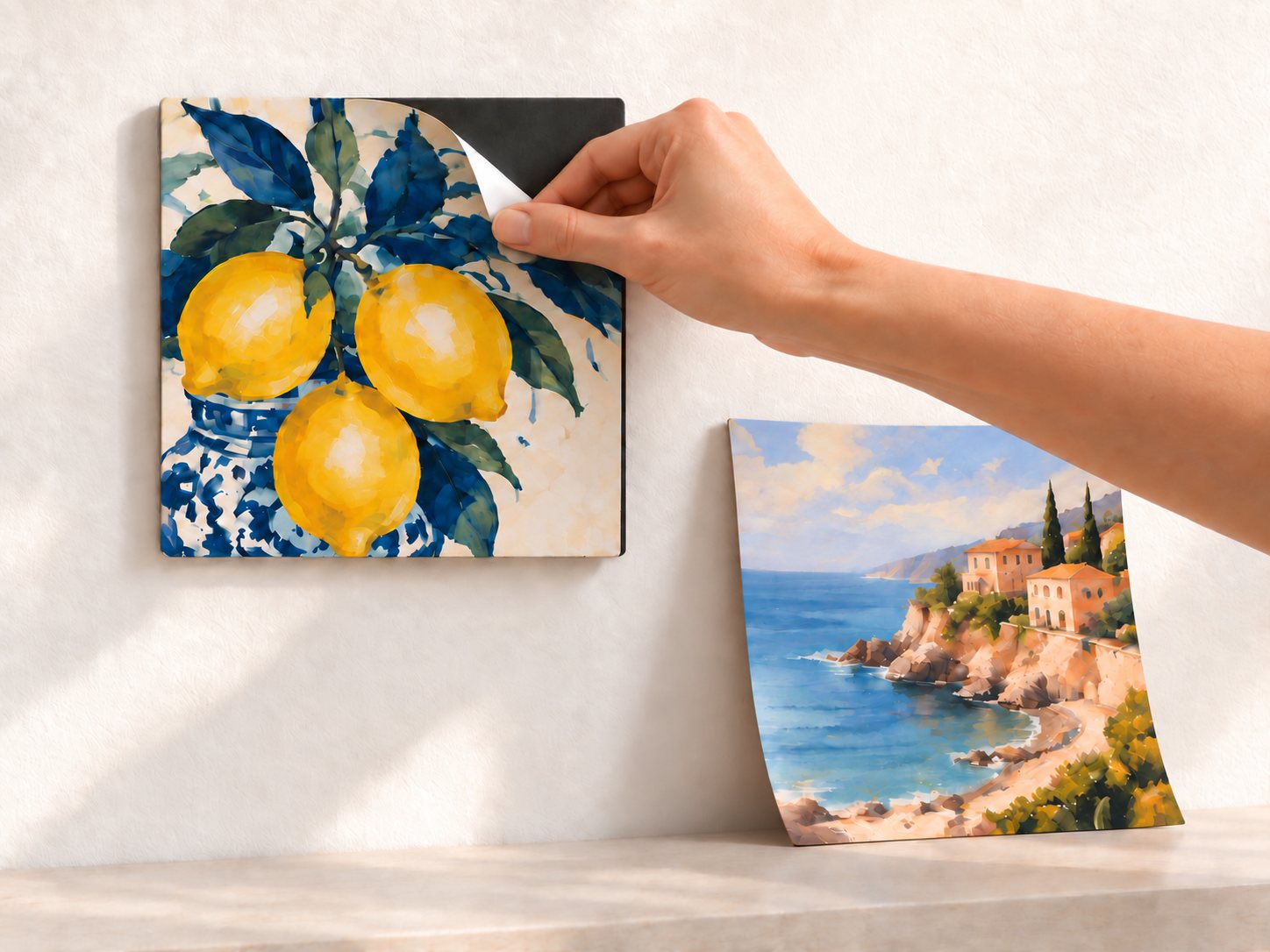A hand peeling a lemon print off a 6x6 OnOff BaseTile on the wall, with a coastal print leaning below, ready to swap in