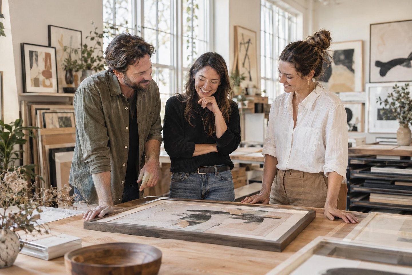 Three people looking over a framed print on a studio worktable