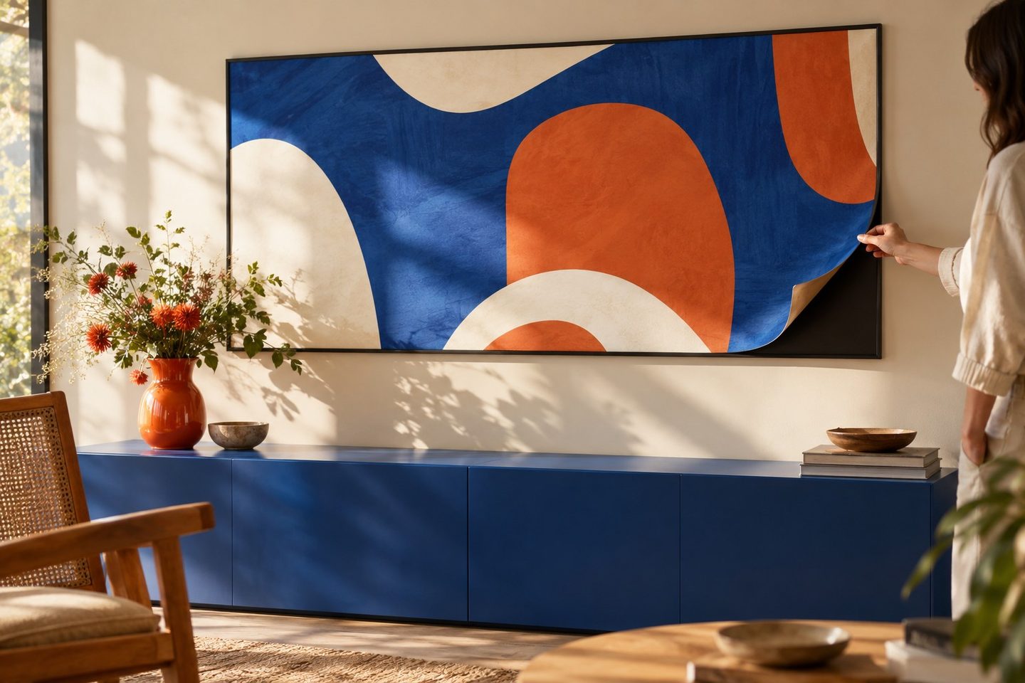 A sunlit room with a bold blue and orange ArtTile above a blue console, one corner being lifted to swap it